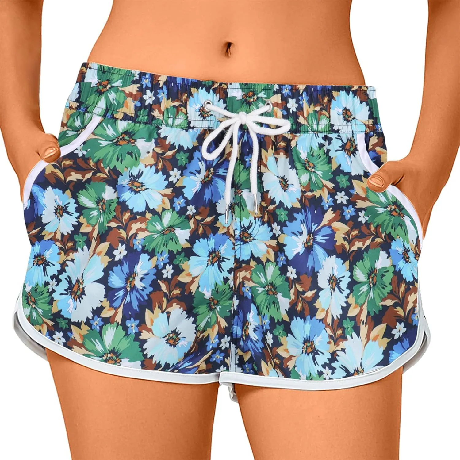 ESTAMICO Women Board Shorts with Liner Quick Dry UPF 50  Drawstring Floral Print Swim Trunk with Pockets