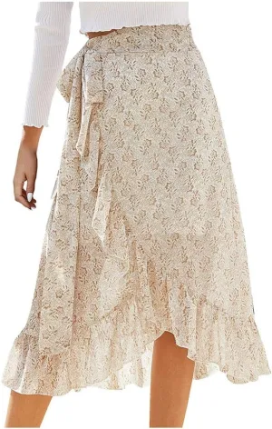 Fashion Women Floral Chiffon Skirt Casual Belt Skirt Irregular Hem Split Elastic Waist Midi Skirts Ruffle Pleated
