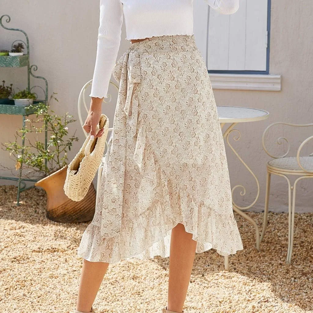 Fashion Women Floral Chiffon Skirt Casual Belt Skirt Irregular Hem Split Elastic Waist Midi Skirts Ruffle Pleated