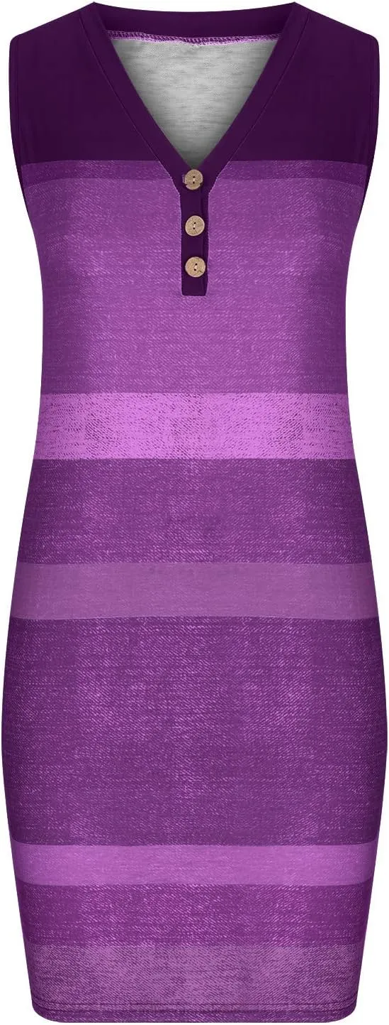 Firzero Women V Neck Beach Dress Botton Down Sleeveless Striped Mini Dresses Plus Size Summer Casual Crewneck Tank Dresses
