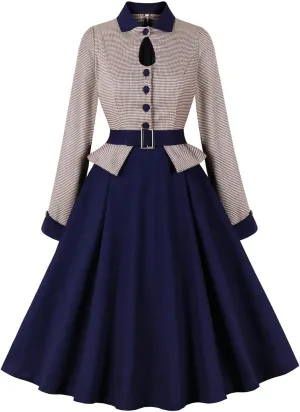 Firzero Women Vintage 1940s Dress Retro 40s 50s Button Business Work A Line Cocktail Dress Bowknot Long Sleeve Formal Dress