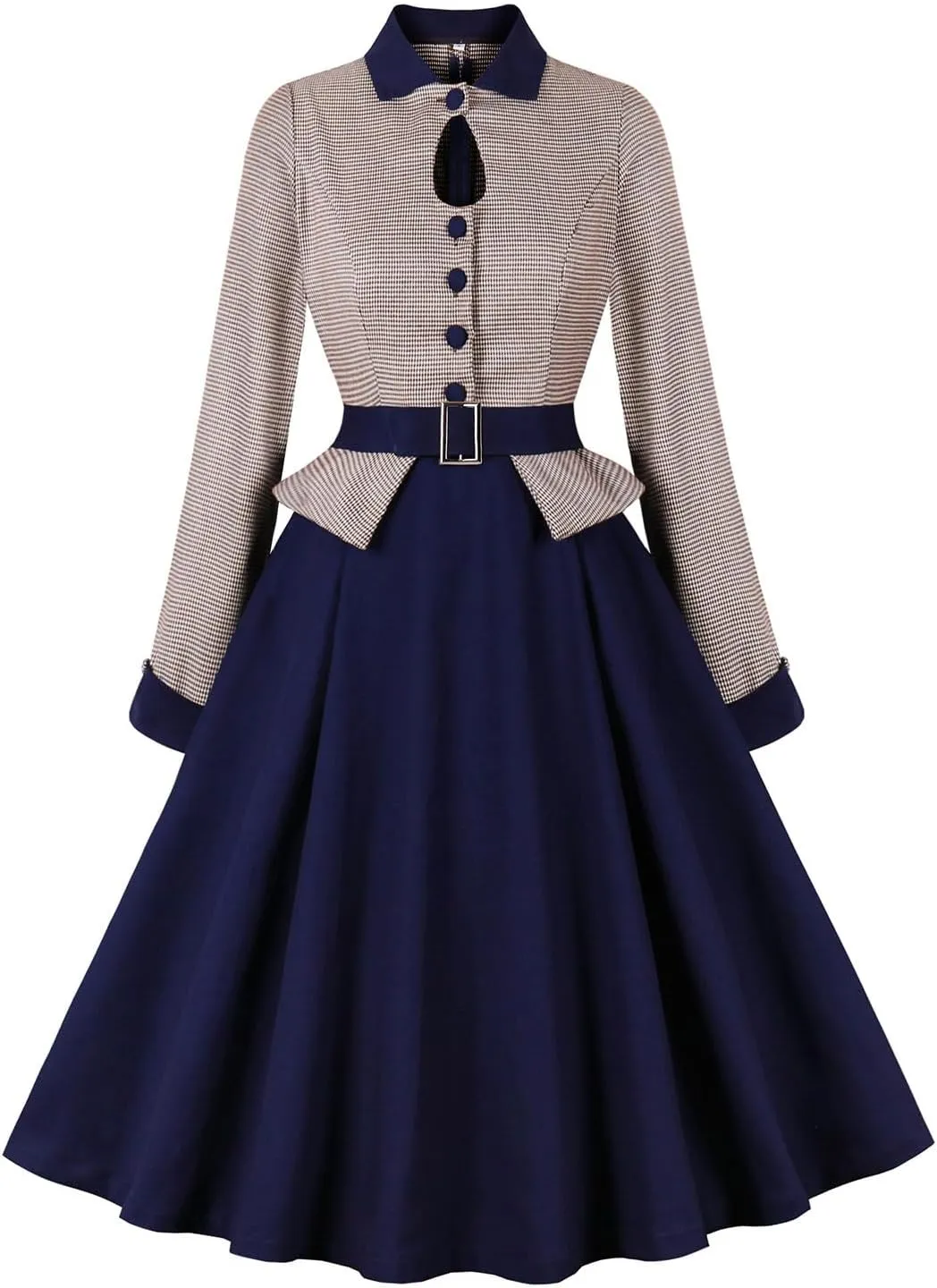 Firzero Women Vintage 1940s Dress Retro 40s 50s Button Business Work A Line Cocktail Dress Bowknot Long Sleeve Formal Dress