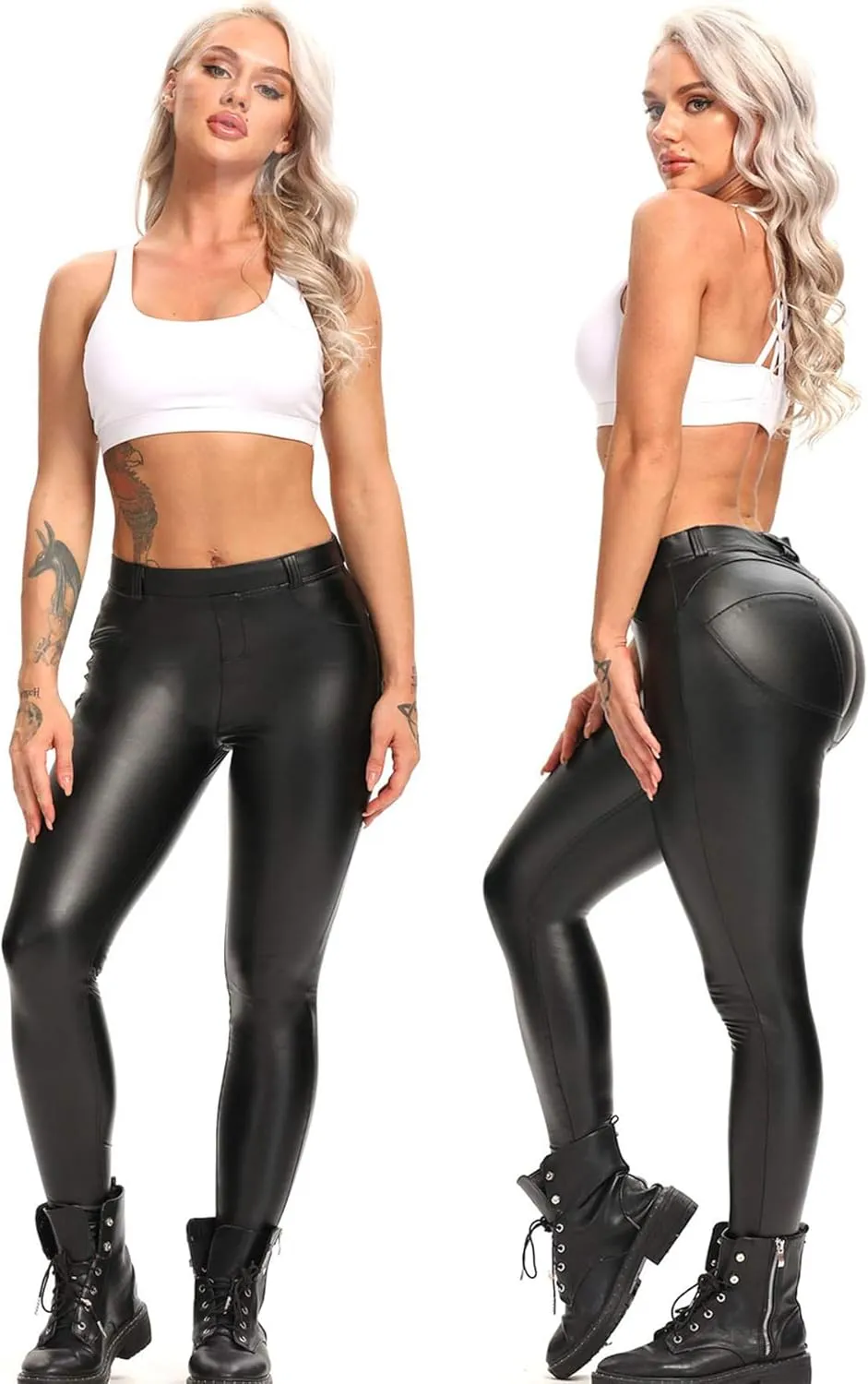 FITTOO Women's Faux Patent Leather Leggings PU Pleather Pants Butt Lift Hip Push Up High Waisted