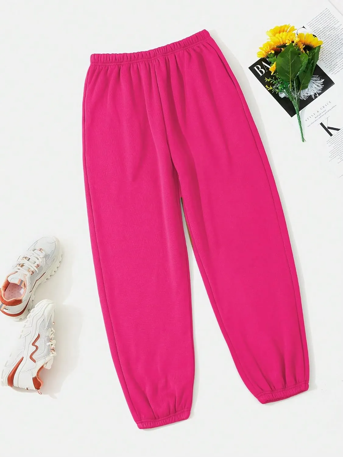 Floerns Women's Solid Elastic High Waisted Baggy Sweatpants Jogger Pants Y2k Trendy Lounge Trousers