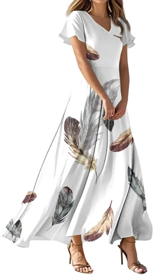Floral Dress for Women V Neck Flutter Sleeve Boho Midi Dress Summer Wedding Guest Beach Party Long Dresses