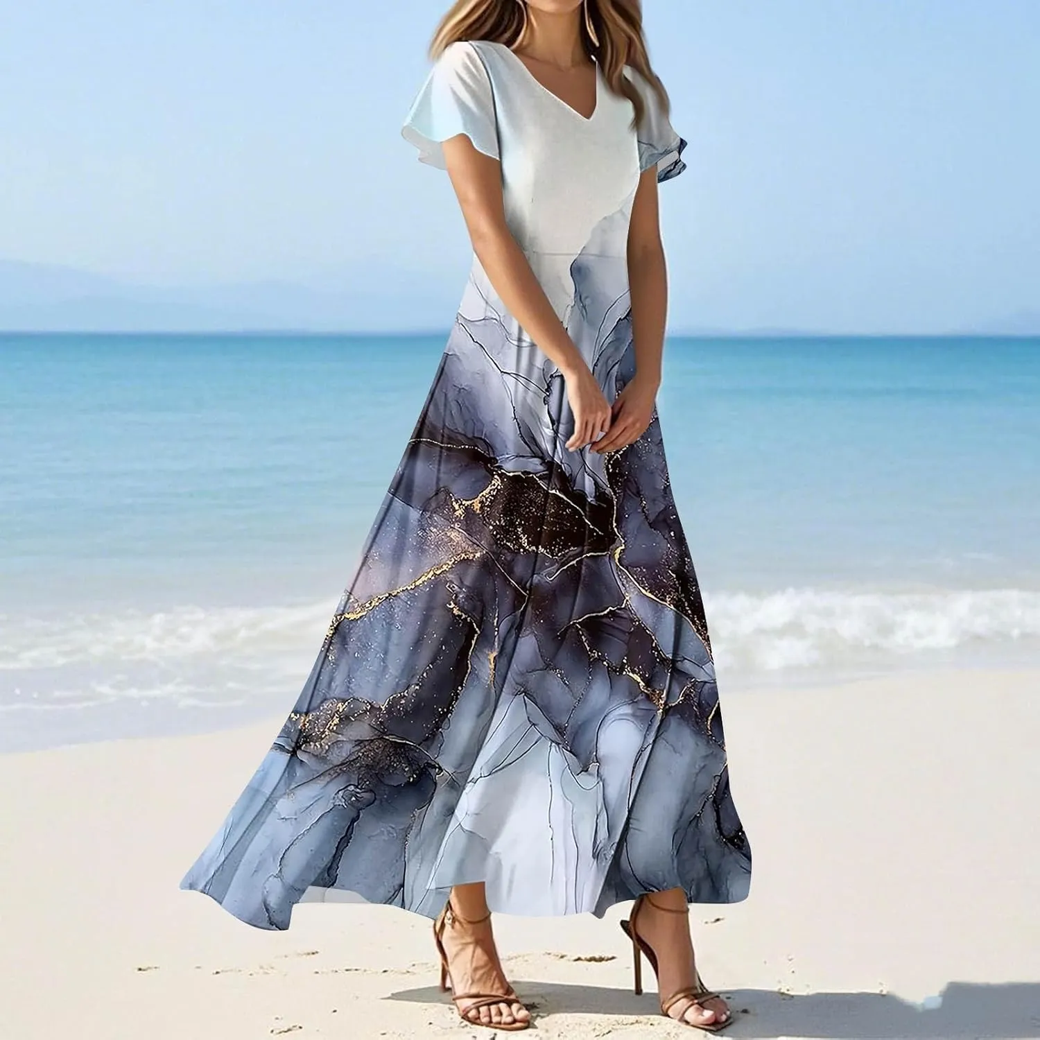 Floral Dress for Women V Neck Flutter Sleeve Boho Midi Dress Summer Wedding Guest Beach Party Long Dresses