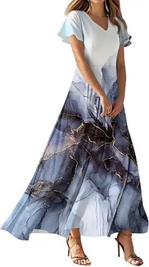Floral Dress for Women V Neck Flutter Sleeve Boho Midi Dress Summer Wedding Guest Beach Party Long Dresses