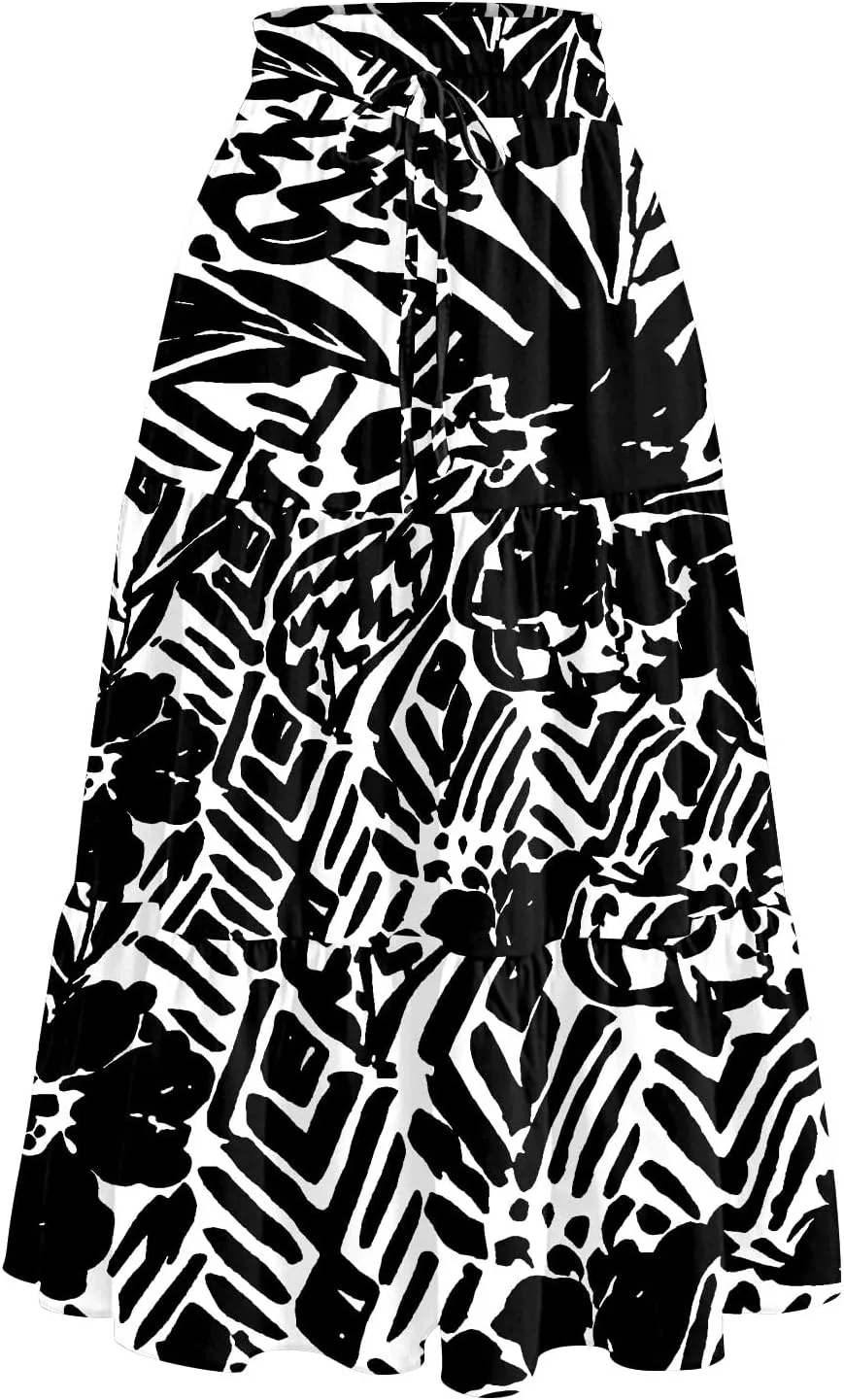 Floral Skirts for Women Trendy Knee Length High Waisted Boho Midi Skirts Cute Tiered Aline Flowy Skirt with Pockets