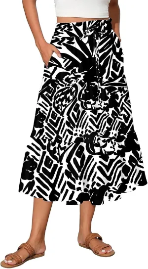 Floral Skirts for Women Trendy Knee Length High Waisted Boho Midi Skirts Cute Tiered Aline Flowy Skirt with Pockets