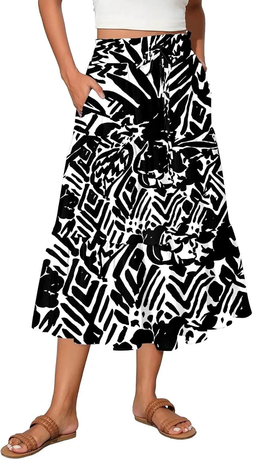 Floral Skirts for Women Trendy Knee Length High Waisted Boho Midi Skirts Cute Tiered Aline Flowy Skirt with Pockets