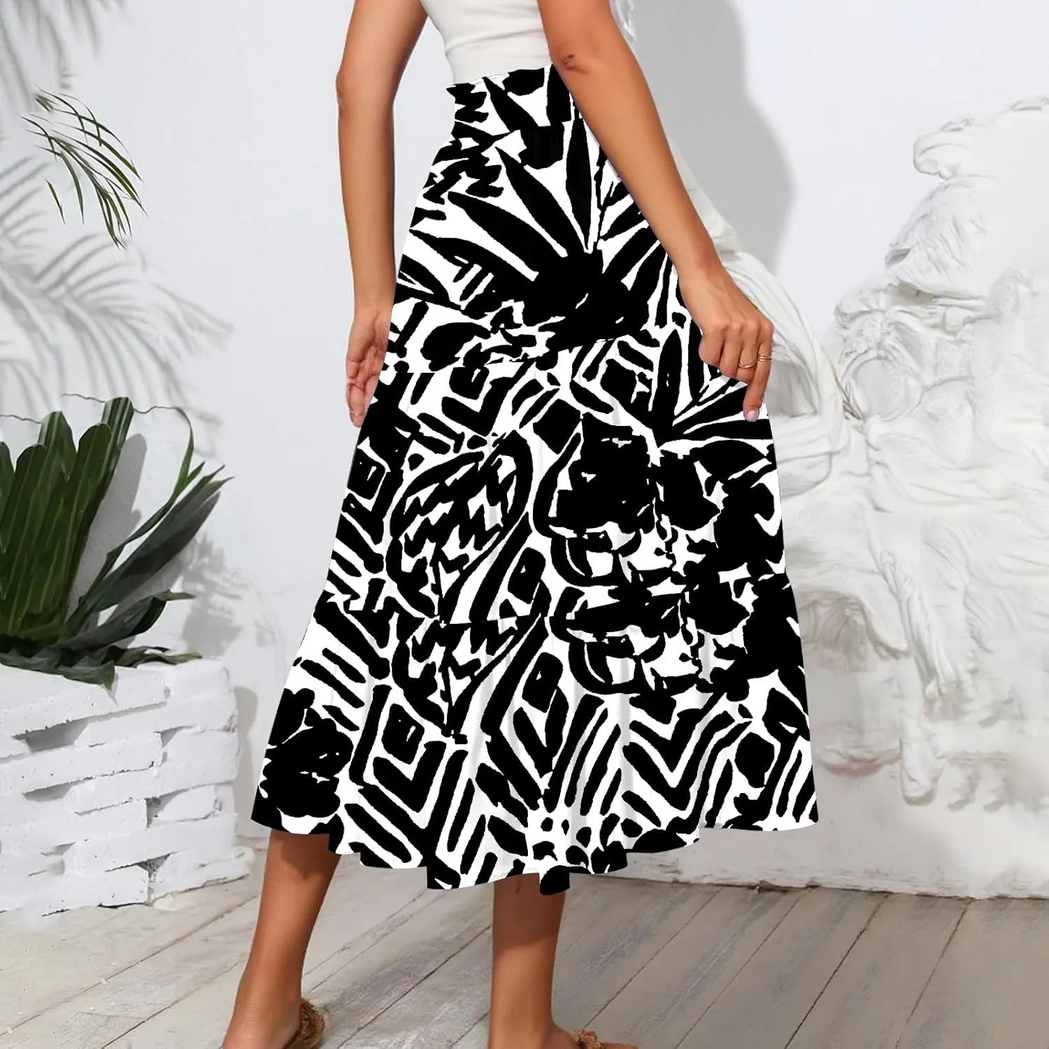 Floral Skirts for Women Trendy Knee Length High Waisted Boho Midi Skirts Cute Tiered Aline Flowy Skirt with Pockets