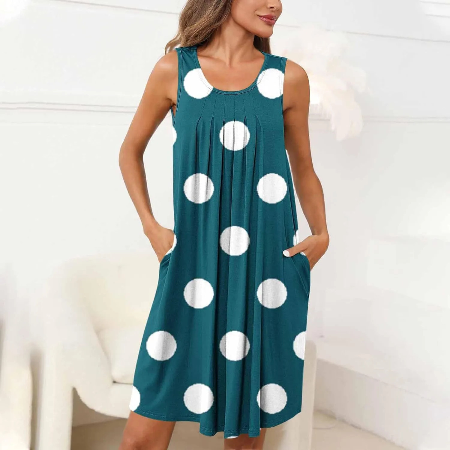 Flowy Dresses for Women Summer Casual Sleeveless Polka Dots Sundress Ruched Beach Vacation Tank Dress with Pockets