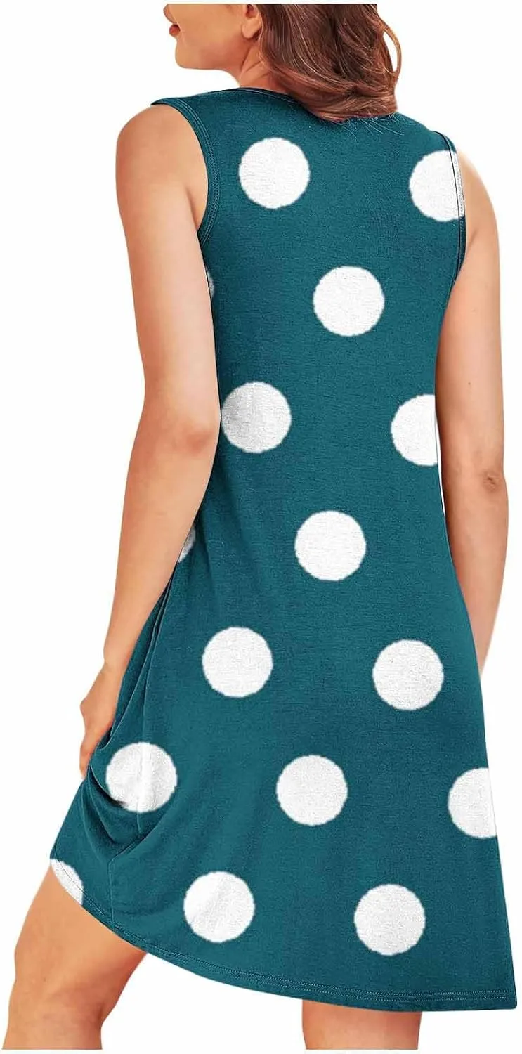 Flowy Dresses for Women Summer Casual Sleeveless Polka Dots Sundress Ruched Beach Vacation Tank Dress with Pockets