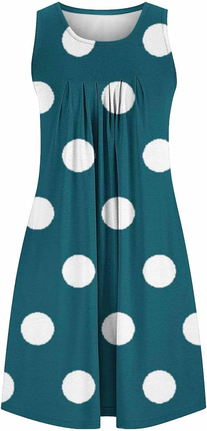 Flowy Dresses for Women Summer Casual Sleeveless Polka Dots Sundress Ruched Beach Vacation Tank Dress with Pockets