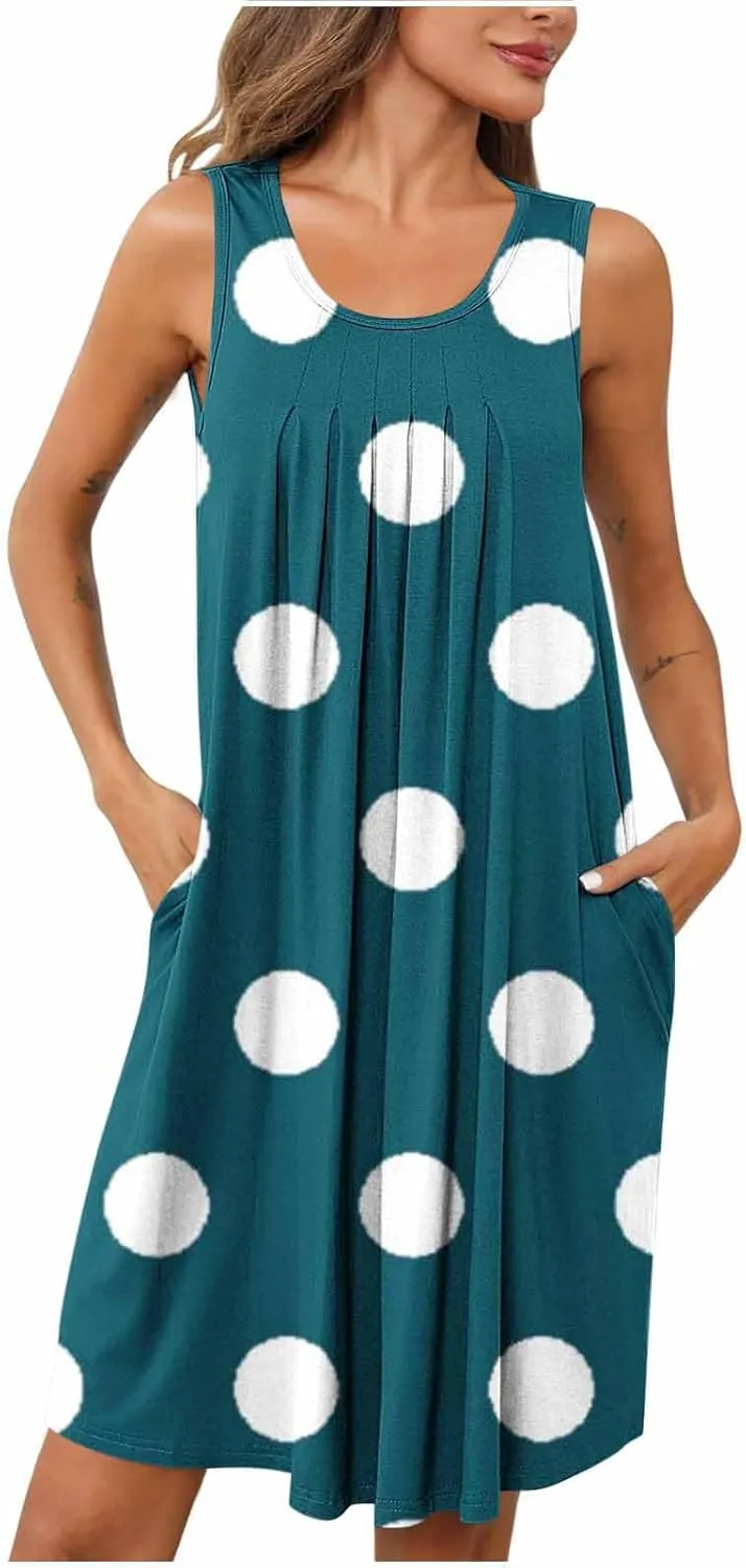 Flowy Dresses for Women Summer Casual Sleeveless Polka Dots Sundress Ruched Beach Vacation Tank Dress with Pockets