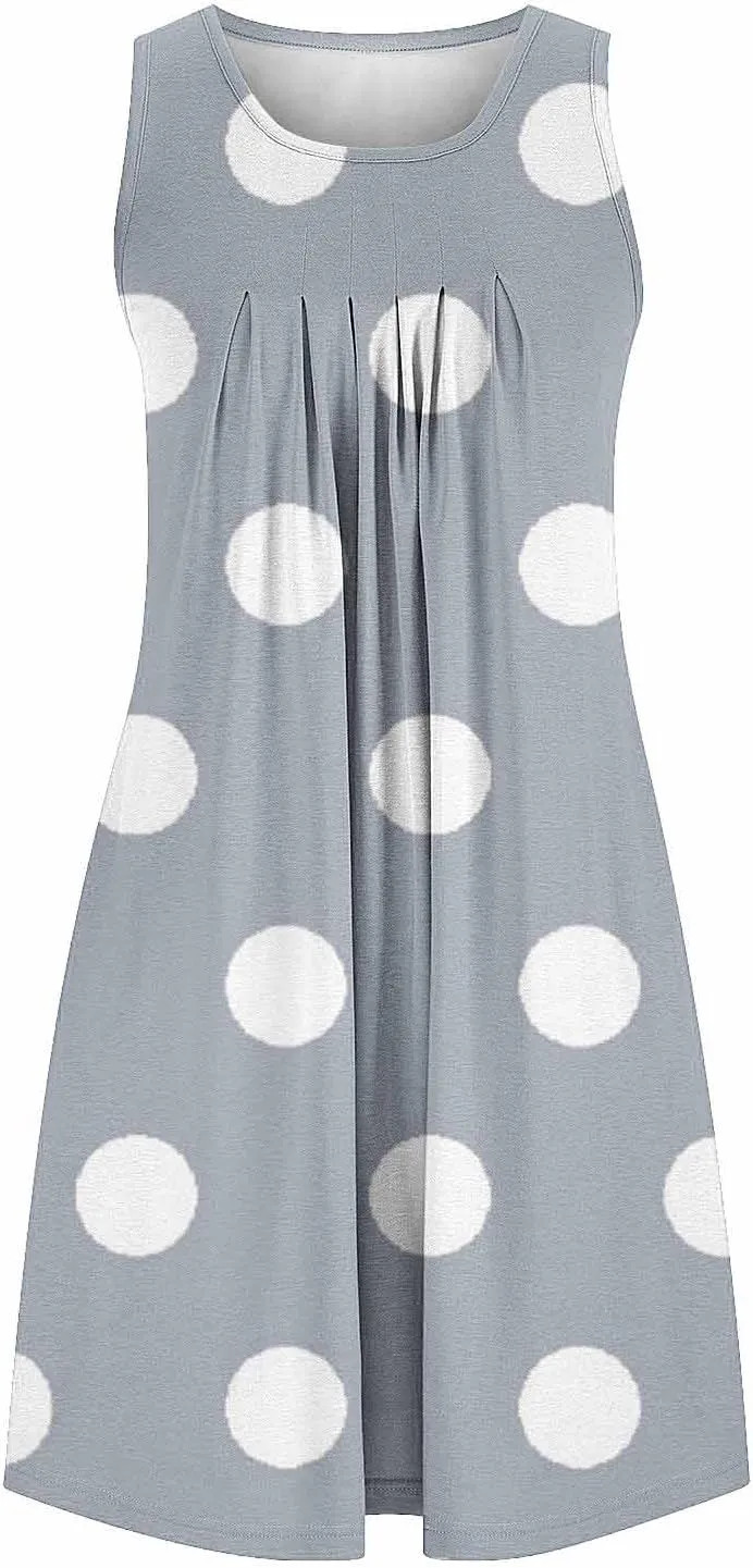 Flowy Dresses for Women Summer Casual Sleeveless Polka Dots Sundress Ruched Beach Vacation Tank Dress with Pockets