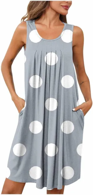 Flowy Dresses for Women Summer Casual Sleeveless Polka Dots Sundress Ruched Beach Vacation Tank Dress with Pockets