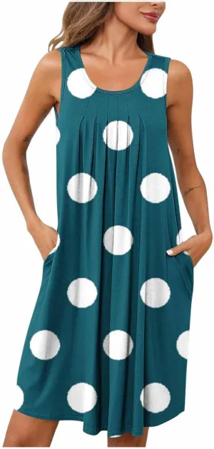 Flowy Dresses for Women Summer Casual Sleeveless Polka Dots Sundress Ruched Beach Vacation Tank Dress with Pockets