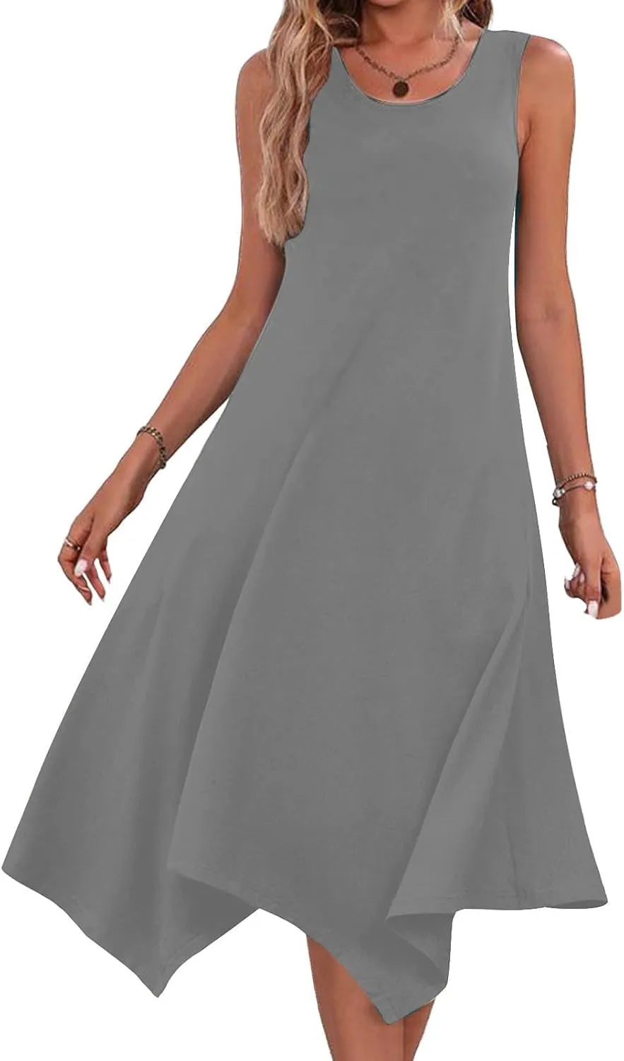 Flowy Dresses for Women Swing Casual Sleeveless Midi Sundress Crewneck Elegant Tank Dress Vacation Outfits 2025
