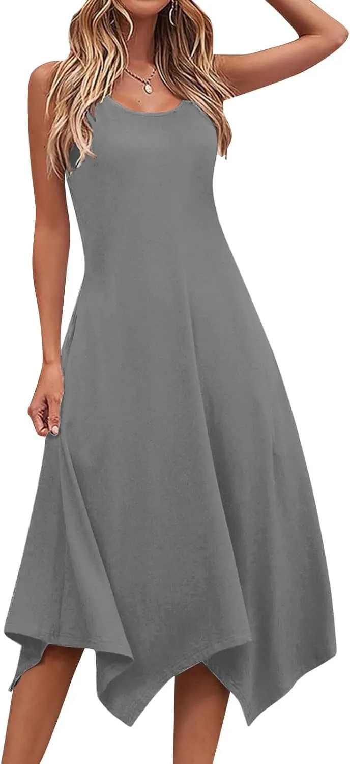 Flowy Dresses for Women Swing Casual Sleeveless Midi Sundress Crewneck Elegant Tank Dress Vacation Outfits 2025