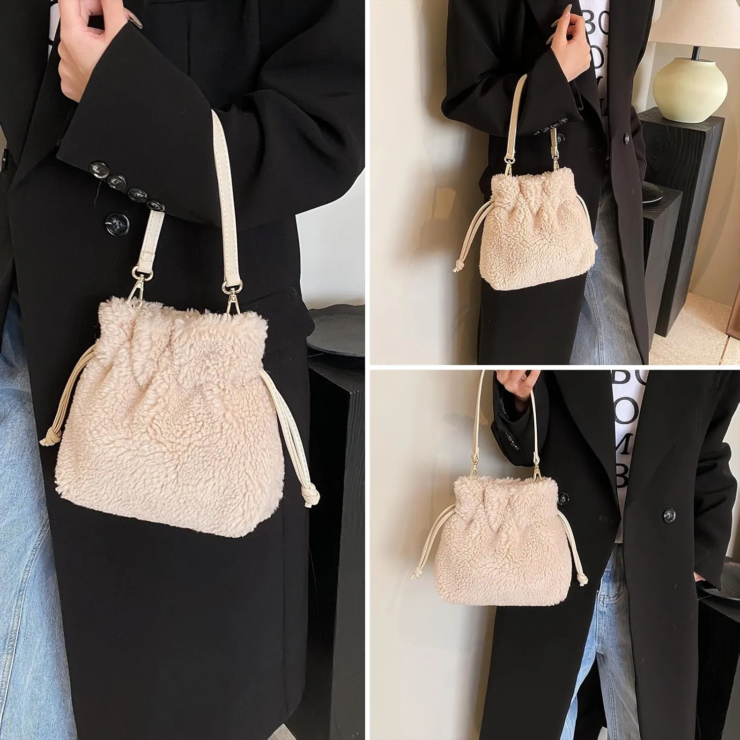 Fluffy Purse, Faux Fur Purses for Women Furry Crossbody Bucket Bags Fuzzy Shoulder Tote Bag
