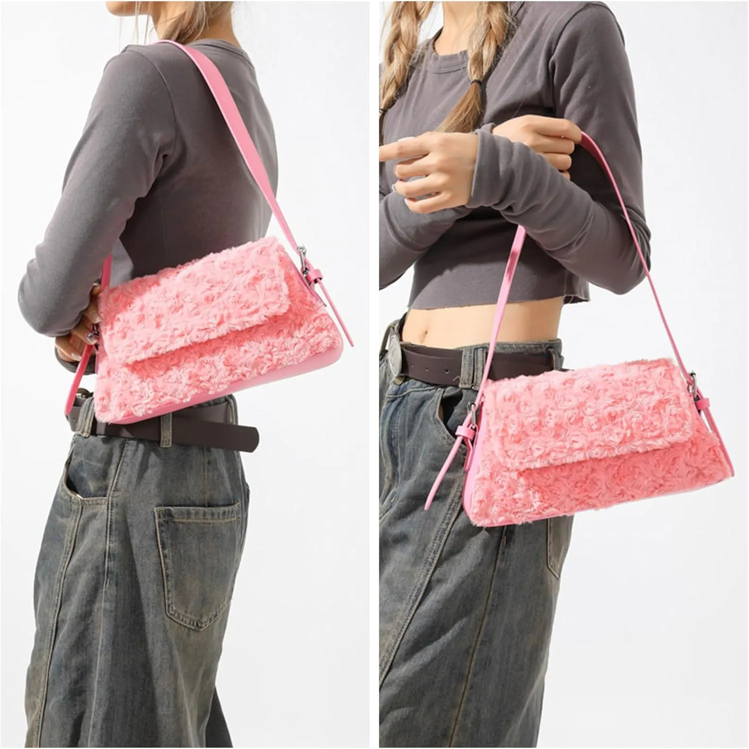Fluffy Shoulder Bag, Fuzzy Tote Bag Faux Fur Flower Purse Shoulder Handbags for Women