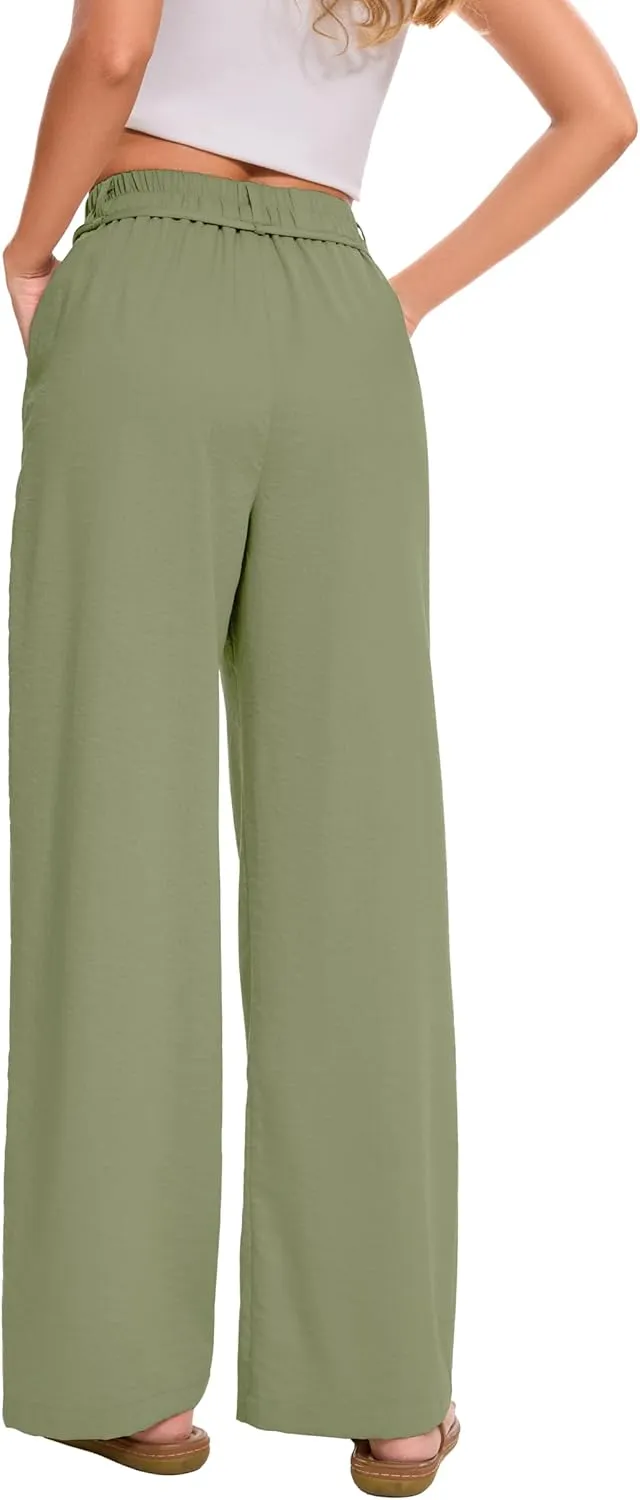 FUNYYZO 2025 Women Summer Pants Drawstring Waist Wide Leg Pants Loose Fit with Pockets Pull On