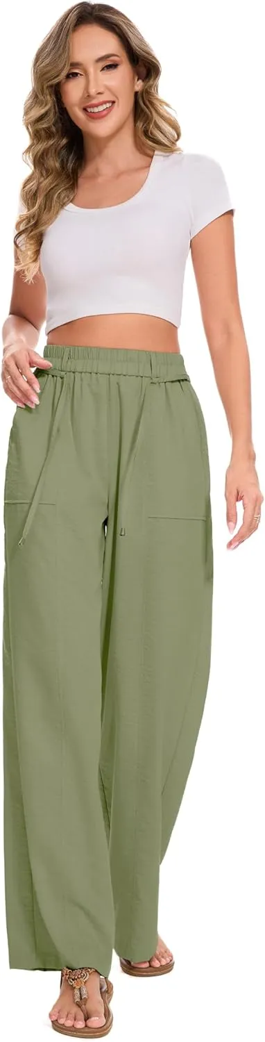 FUNYYZO 2025 Women Summer Pants Drawstring Waist Wide Leg Pants Loose Fit with Pockets Pull On