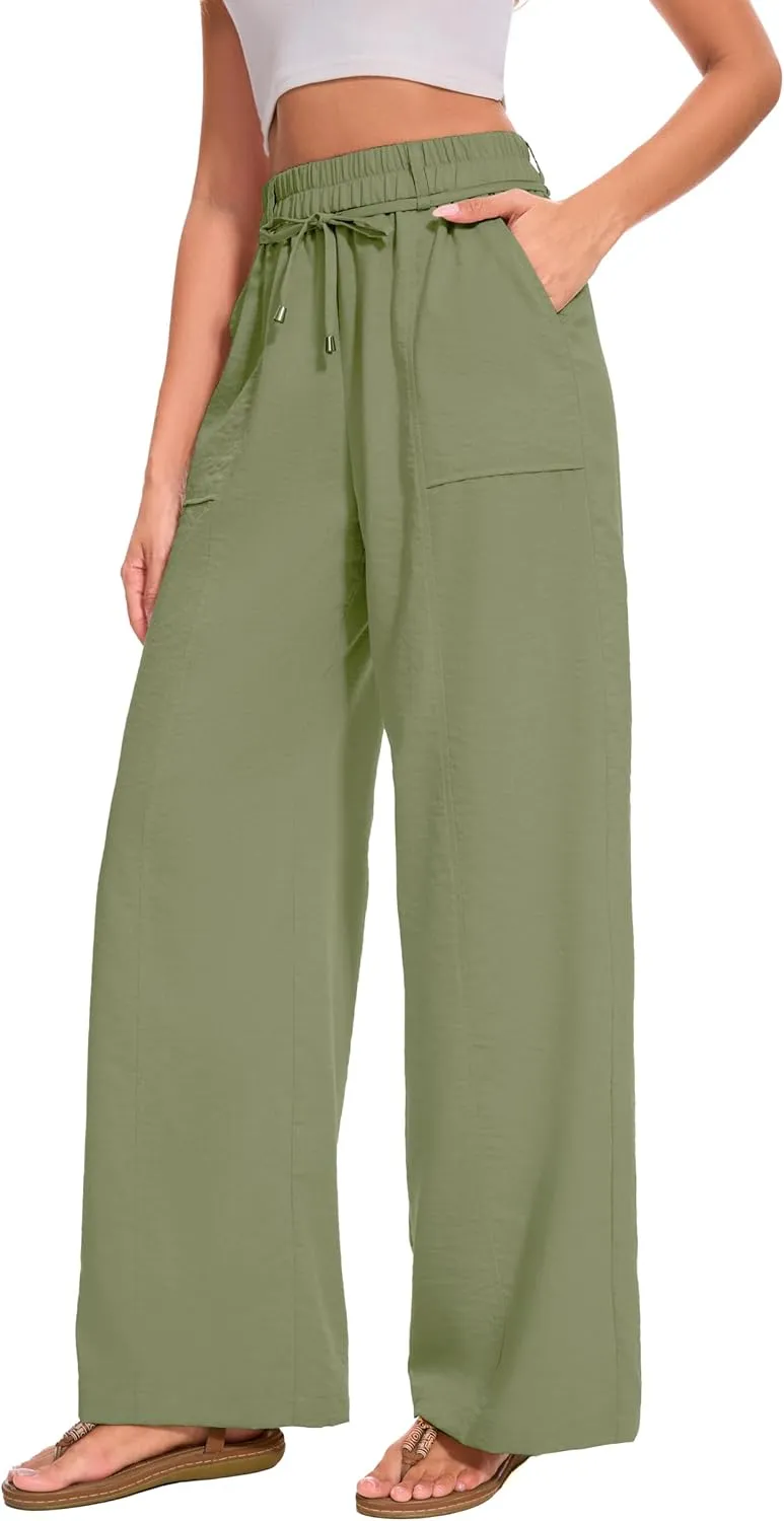 FUNYYZO 2025 Women Summer Pants Drawstring Waist Wide Leg Pants Loose Fit with Pockets Pull On