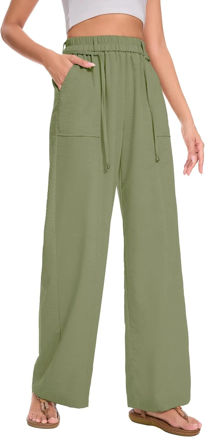 FUNYYZO 2025 Women Summer Pants Drawstring Waist Wide Leg Pants Loose Fit with Pockets Pull On