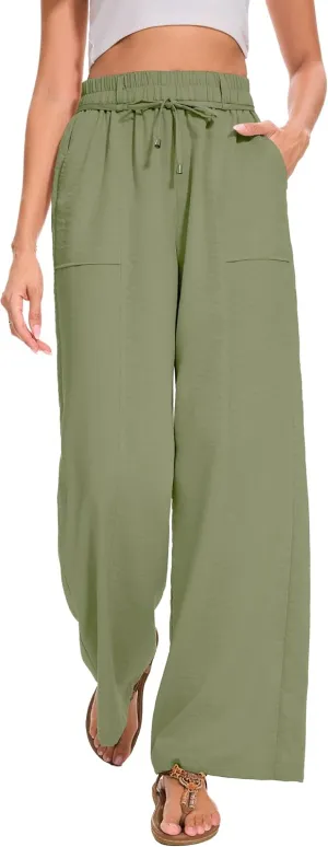 FUNYYZO 2025 Women Summer Pants Drawstring Waist Wide Leg Pants Loose Fit with Pockets Pull On