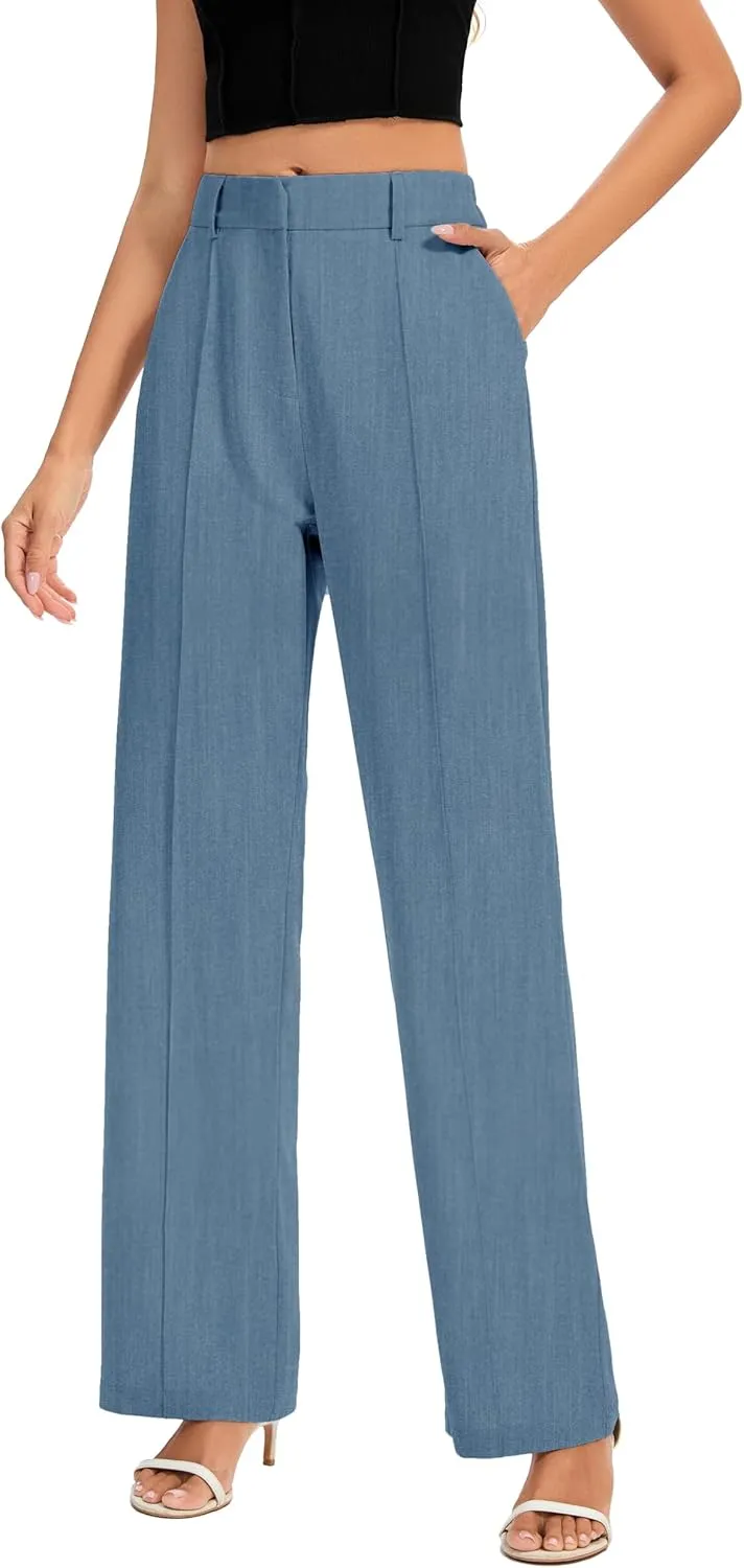 FUNYYZO Women Long Dress Pants High Waisted Work Pants Dressy Casual Straight Leg Elastic Waist Trousers