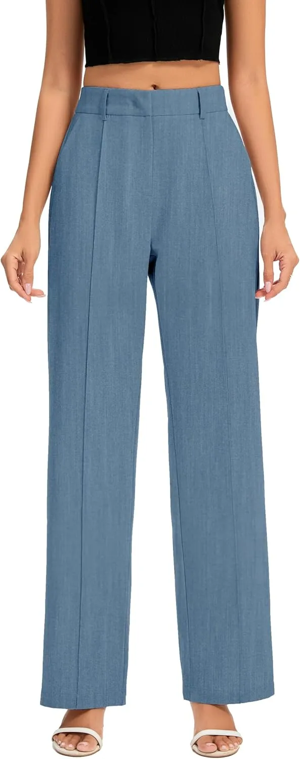 FUNYYZO Women Long Dress Pants High Waisted Work Pants Dressy Casual Straight Leg Elastic Waist Trousers
