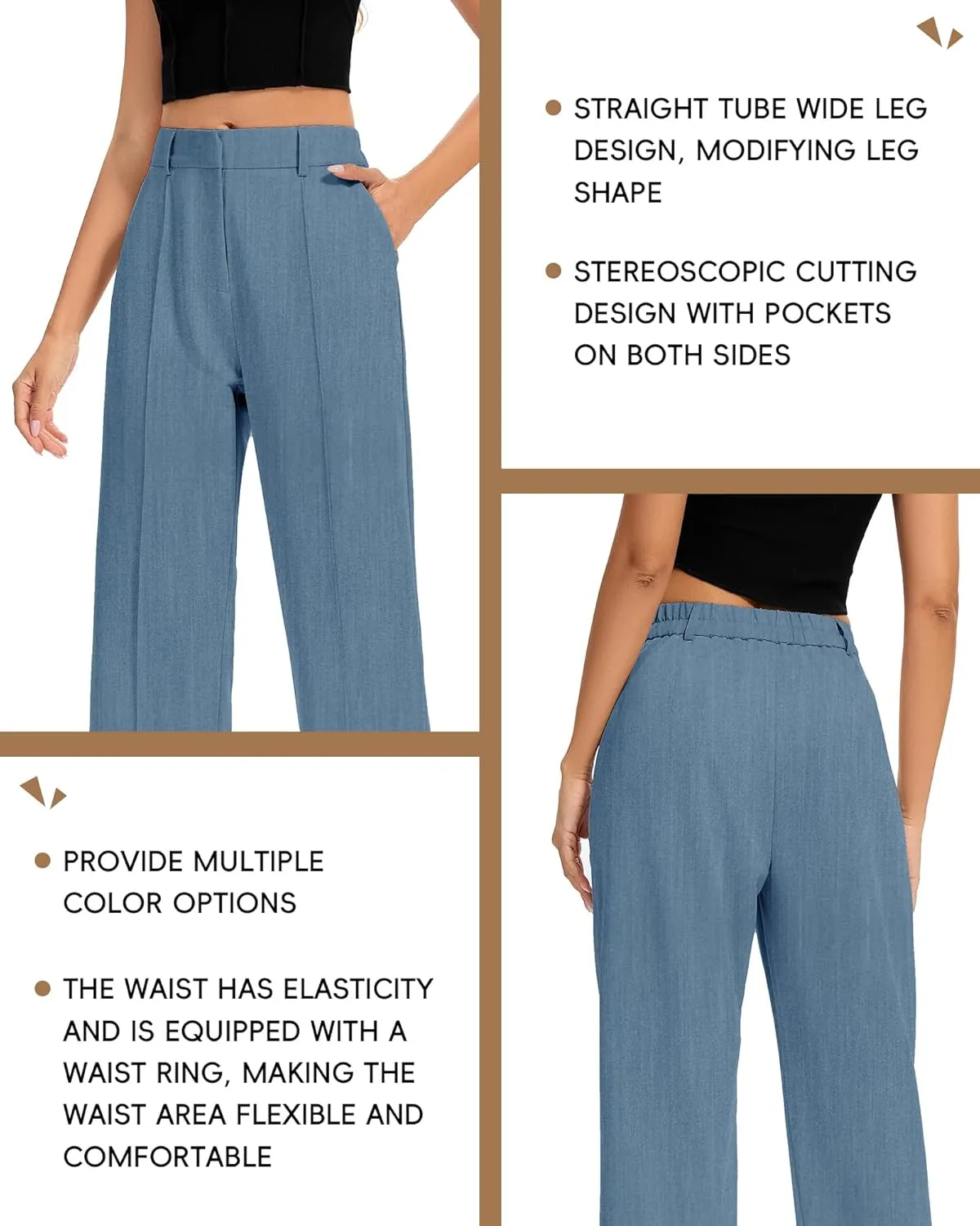 FUNYYZO Women Long Dress Pants High Waisted Work Pants Dressy Casual Straight Leg Elastic Waist Trousers