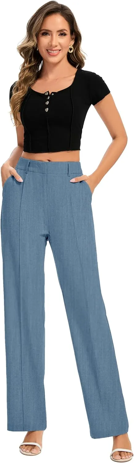 FUNYYZO Women Long Dress Pants High Waisted Work Pants Dressy Casual Straight Leg Elastic Waist Trousers
