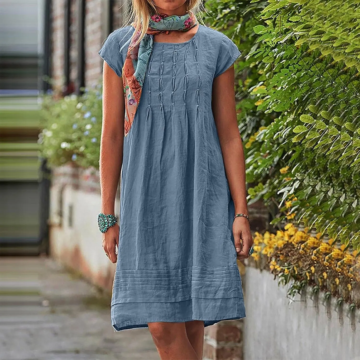 FZYLQY Women's Cotton Linen Midi Dresses Plus Size Cap Sleeve Pleated Summer Dress Vacation 2025 Crew Neck Casual Dress