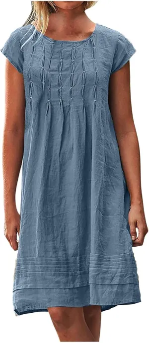 FZYLQY Women's Cotton Linen Midi Dresses Plus Size Cap Sleeve Pleated Summer Dress Vacation 2025 Crew Neck Casual Dress
