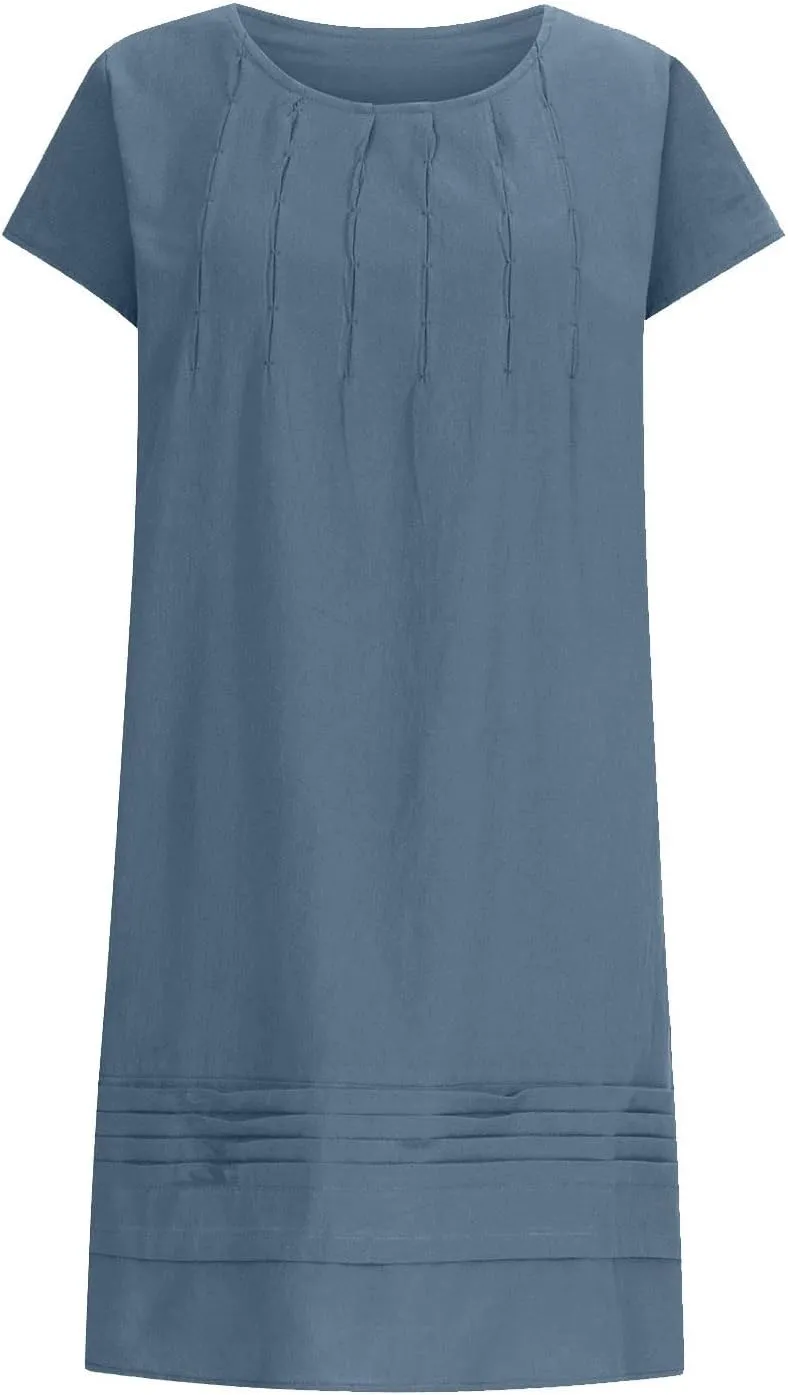 FZYLQY Women's Cotton Linen Midi Dresses Plus Size Cap Sleeve Pleated Summer Dress Vacation 2025 Crew Neck Casual Dress