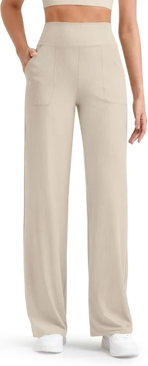 G4Free Women Casual Ribbed Wide Leg Pants with Pockets Lightweight High Waist Yoga Pants Petite/Regular/Tall