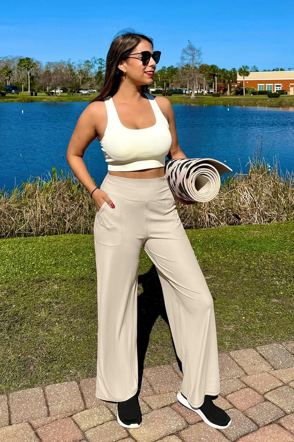G4Free Women Casual Ribbed Wide Leg Pants with Pockets Lightweight High Waist Yoga Pants Petite/Regular/Tall