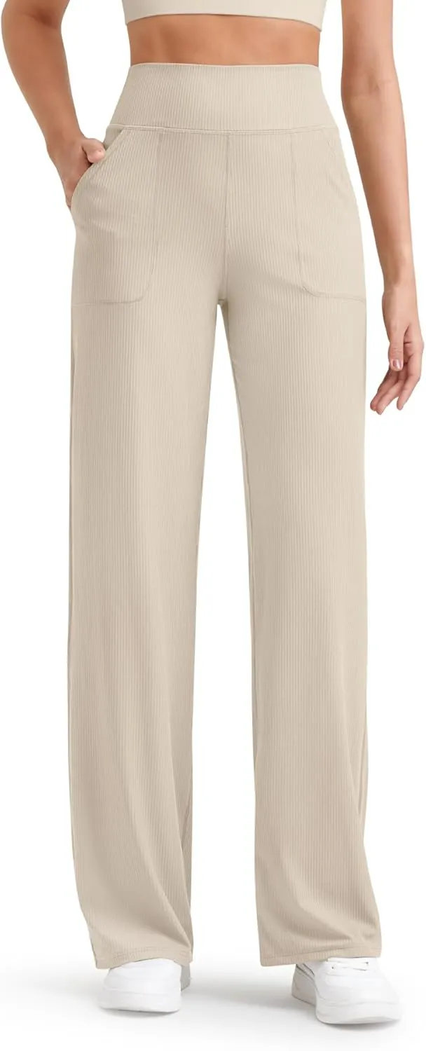 G4Free Women Casual Ribbed Wide Leg Pants with Pockets Lightweight High Waist Yoga Pants Petite/Regular/Tall