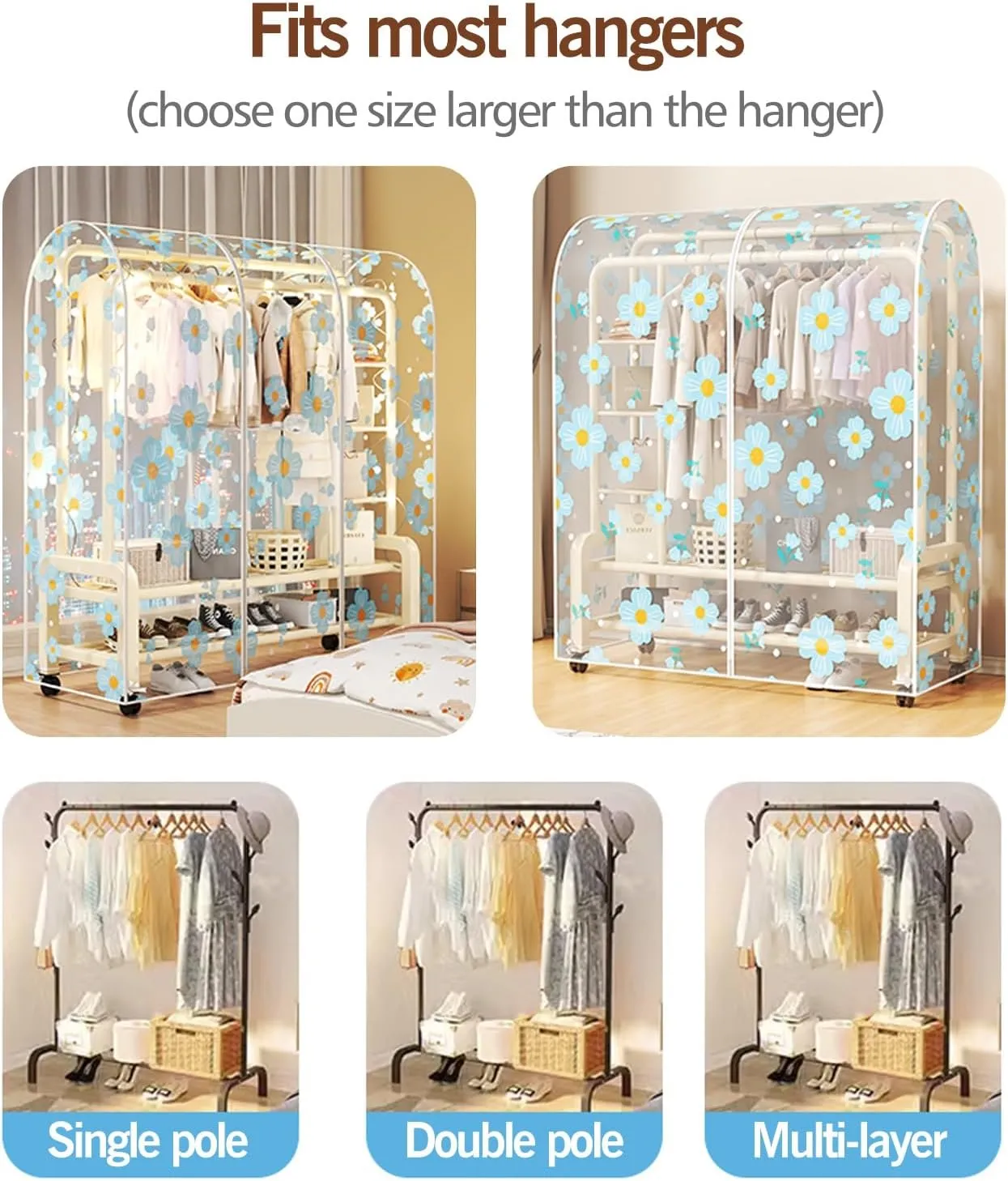 Garment Rack Cover Dustproof Clothes Rack Cover, Clear Garment Bags for Hanging Clothes with Zipper, Printed Clothes(Red,60x50x150cm)
