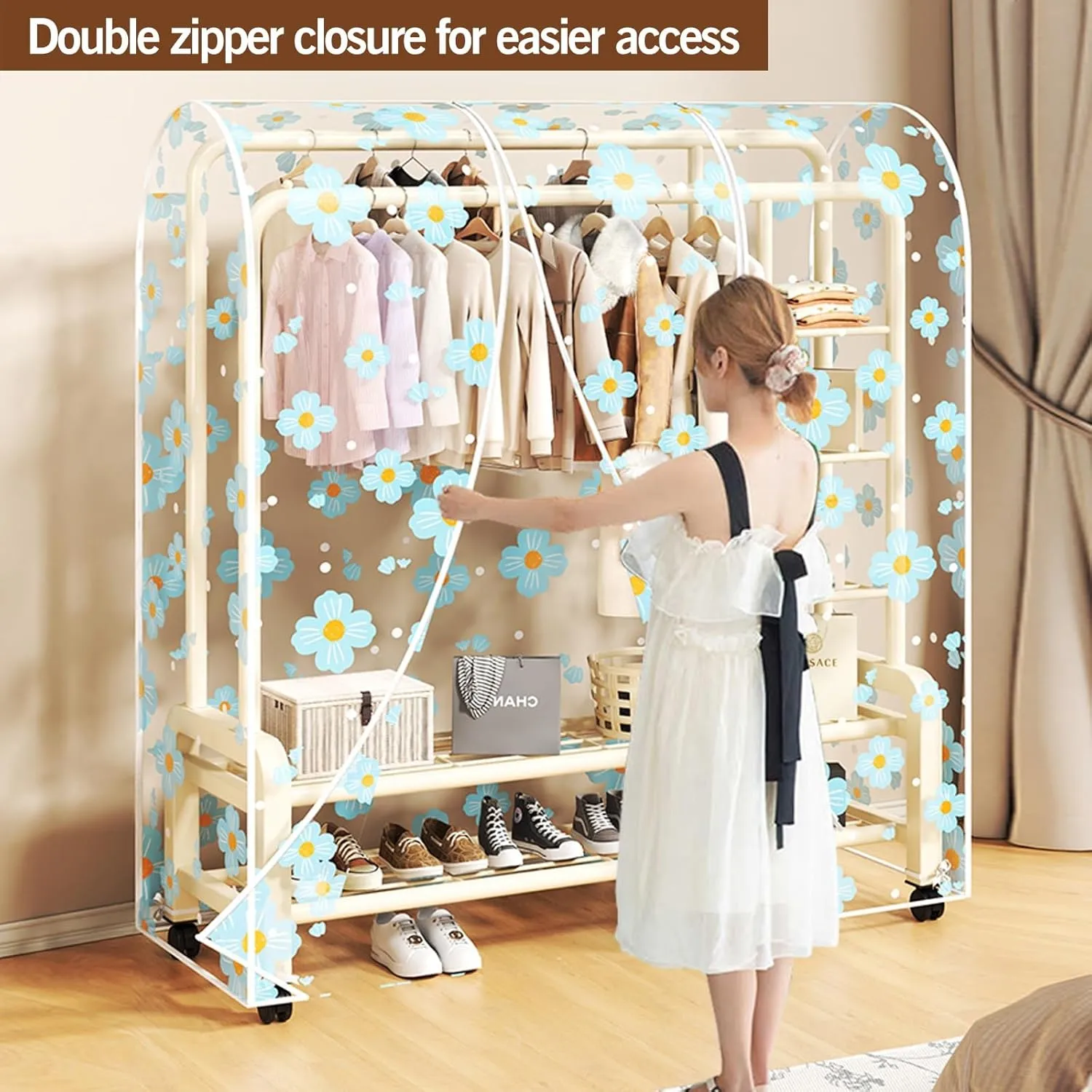Garment Rack Cover Dustproof Clothes Rack Cover, Clear Garment Bags for Hanging Clothes with Zipper, Printed Clothes(Red,60x50x150cm)