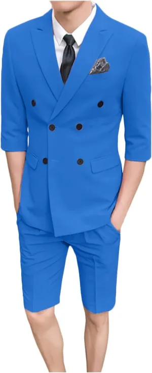 GATMSTZ Men Double Breasted 3/4 Sleeves Blazer Short Pants Formal Summer Suits