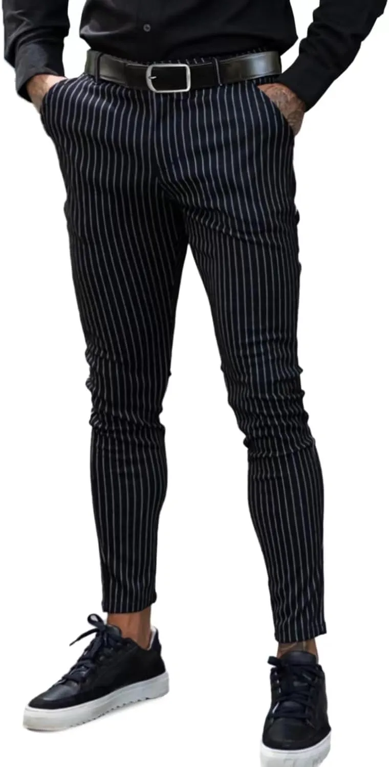 GINGTTO Mens Skinny Pants Striped Black Dress Pants for Men Slim Fit Stretch
