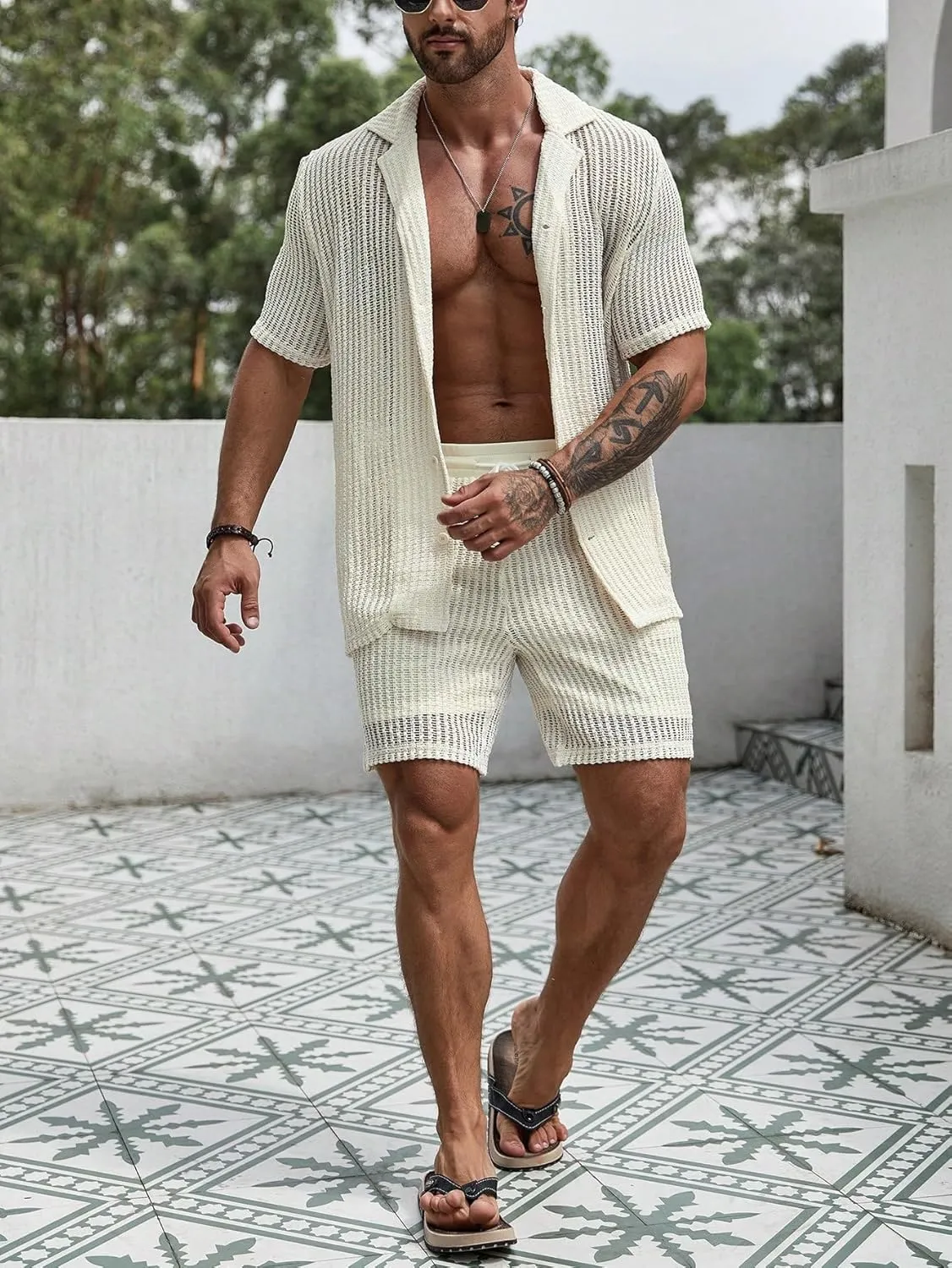 GORGLITTER Men's Cruise Attire 2 Piece Summer Vacation Outfit Hollow Out Short Sleeve Button Down Shirt Shorts Set