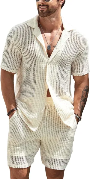 GORGLITTER Men's Cruise Attire 2 Piece Summer Vacation Outfit Hollow Out Short Sleeve Button Down Shirt Shorts Set