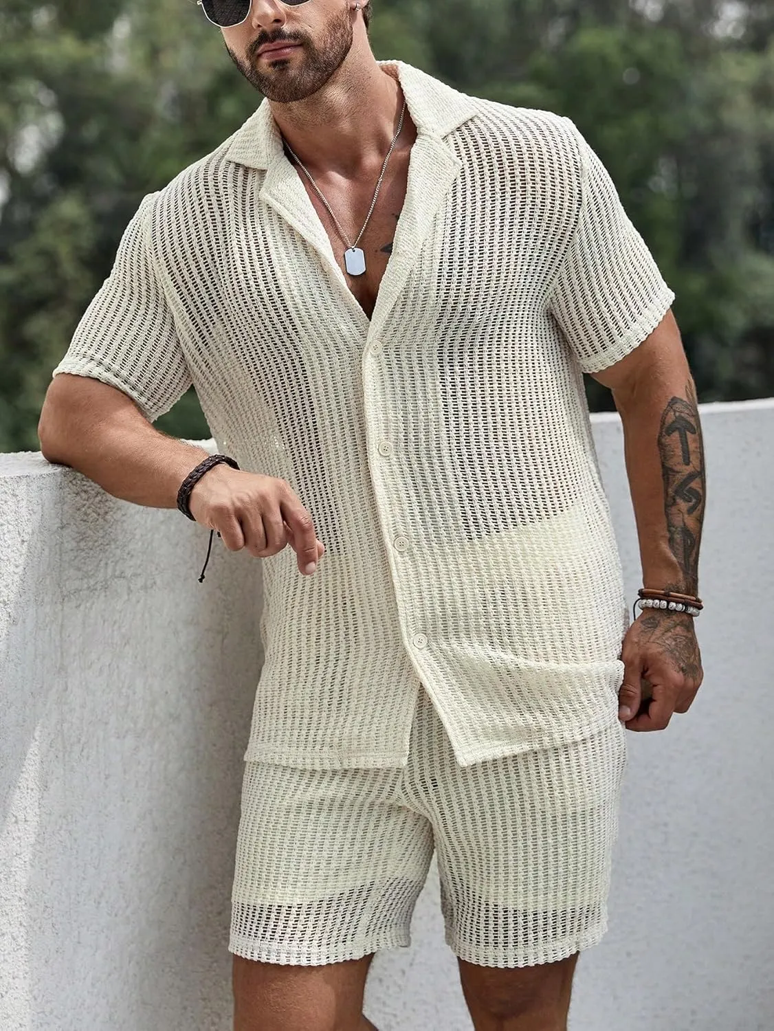 GORGLITTER Men's Cruise Attire 2 Piece Summer Vacation Outfit Hollow Out Short Sleeve Button Down Shirt Shorts Set