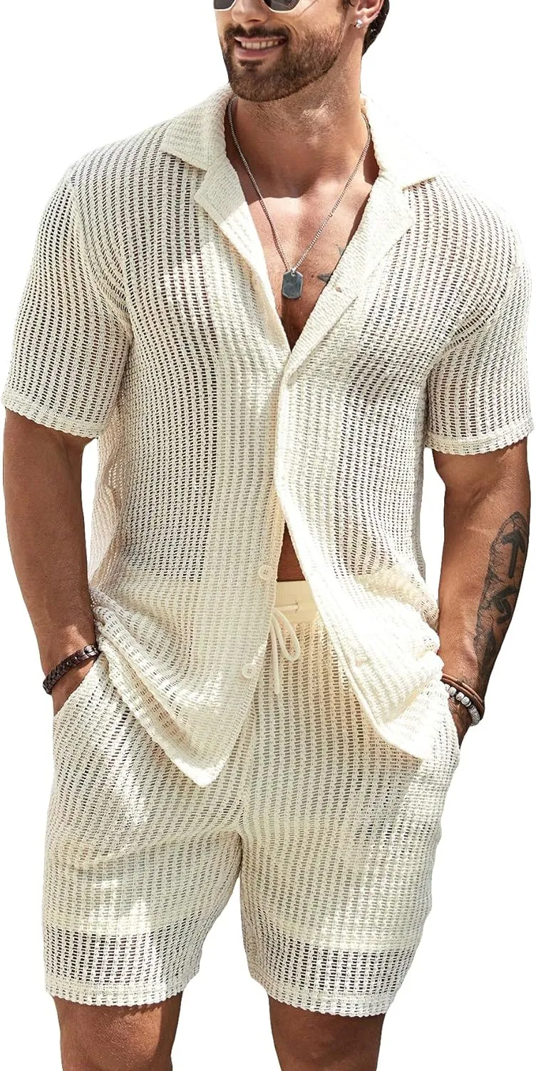 GORGLITTER Men's Cruise Attire 2 Piece Summer Vacation Outfit Hollow Out Short Sleeve Button Down Shirt Shorts Set