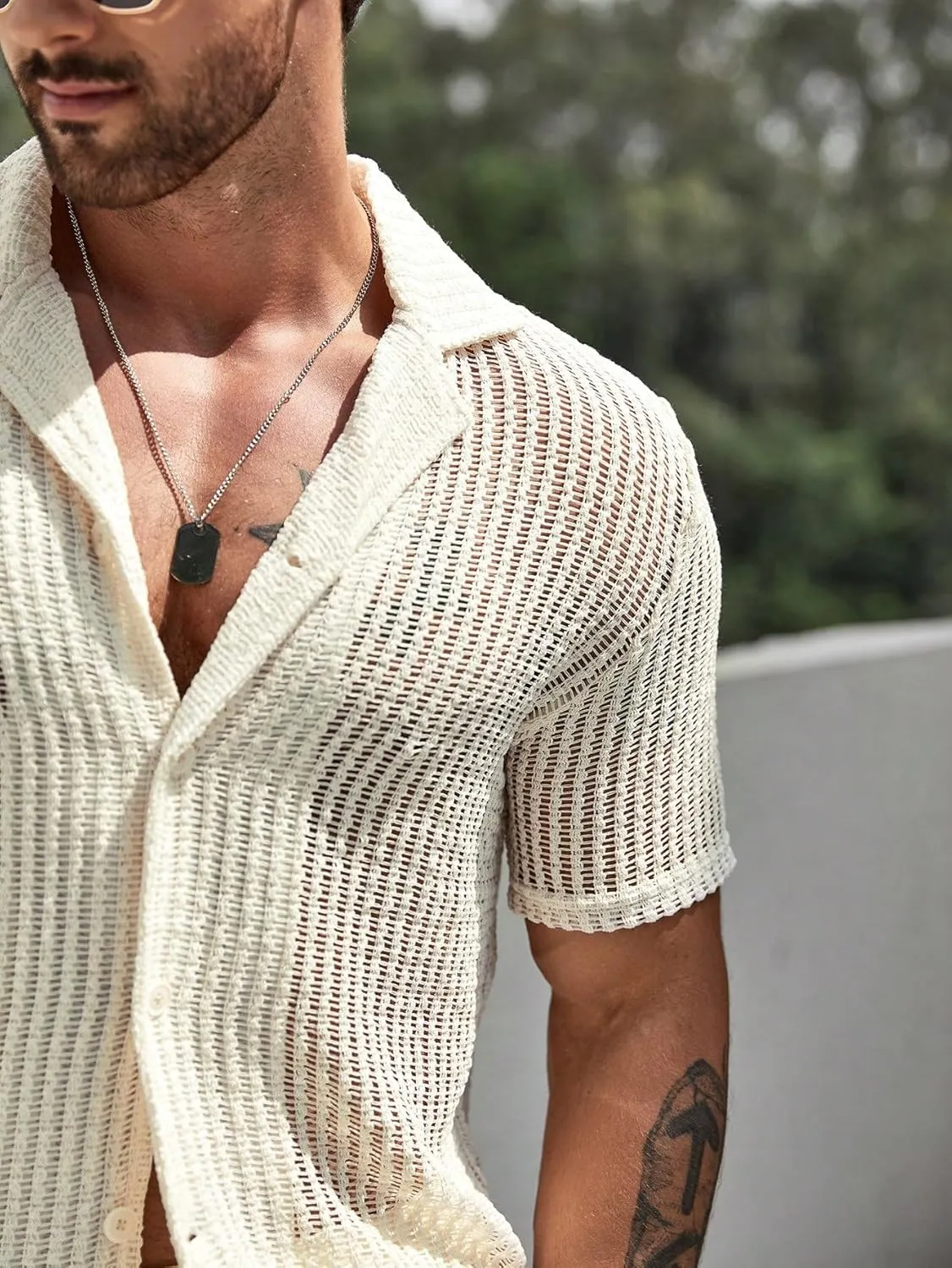 GORGLITTER Men's Cruise Attire 2 Piece Summer Vacation Outfit Hollow Out Short Sleeve Button Down Shirt Shorts Set